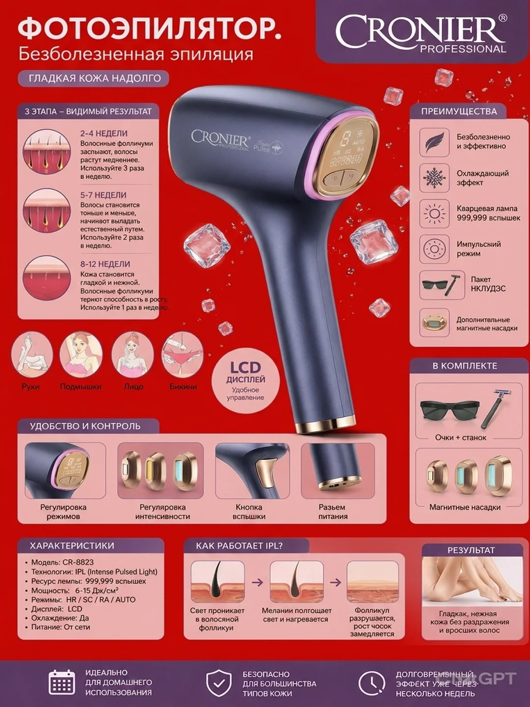 CRONIER CR-8815 IPL Фотоэпилятор: 5 ступеней мощности для всего тела - 6