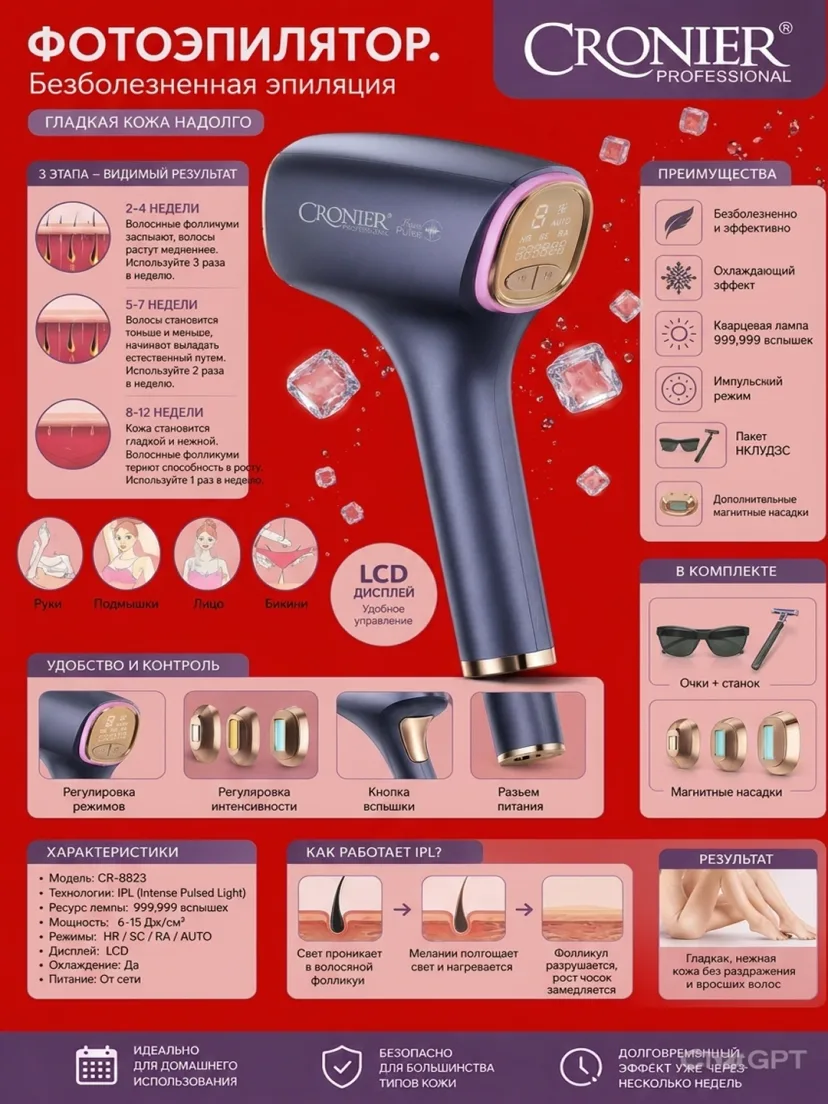 CRONIER CR-8815 IPL Fotoepilator: 5 darajali quvvat bilan butun tana uchun