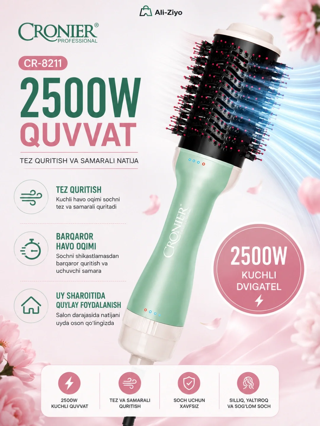 CRONIER CR-8211 Фен-щетка 2500 Вт: керамика и ионная технология - 6