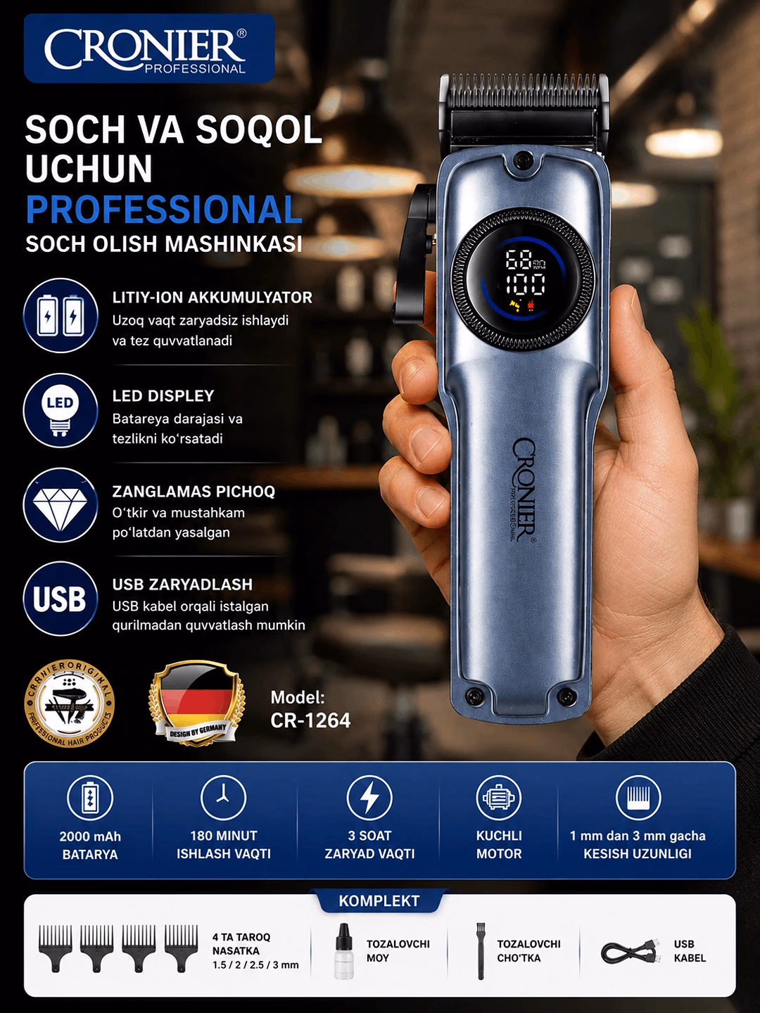 CRONIER CR-1264 Professional soch mashinasi LED, 2000mAh USB