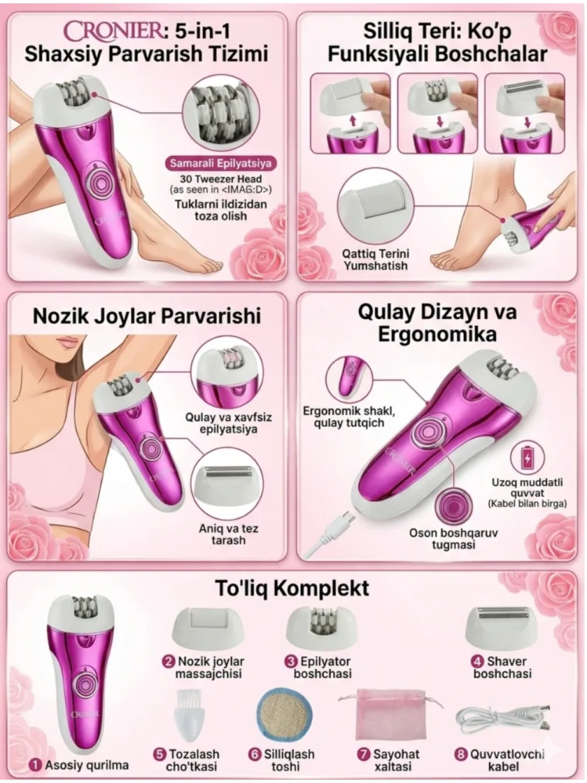 CRONIER CR-8803 simsiz professional epilator, 50 daqiqa