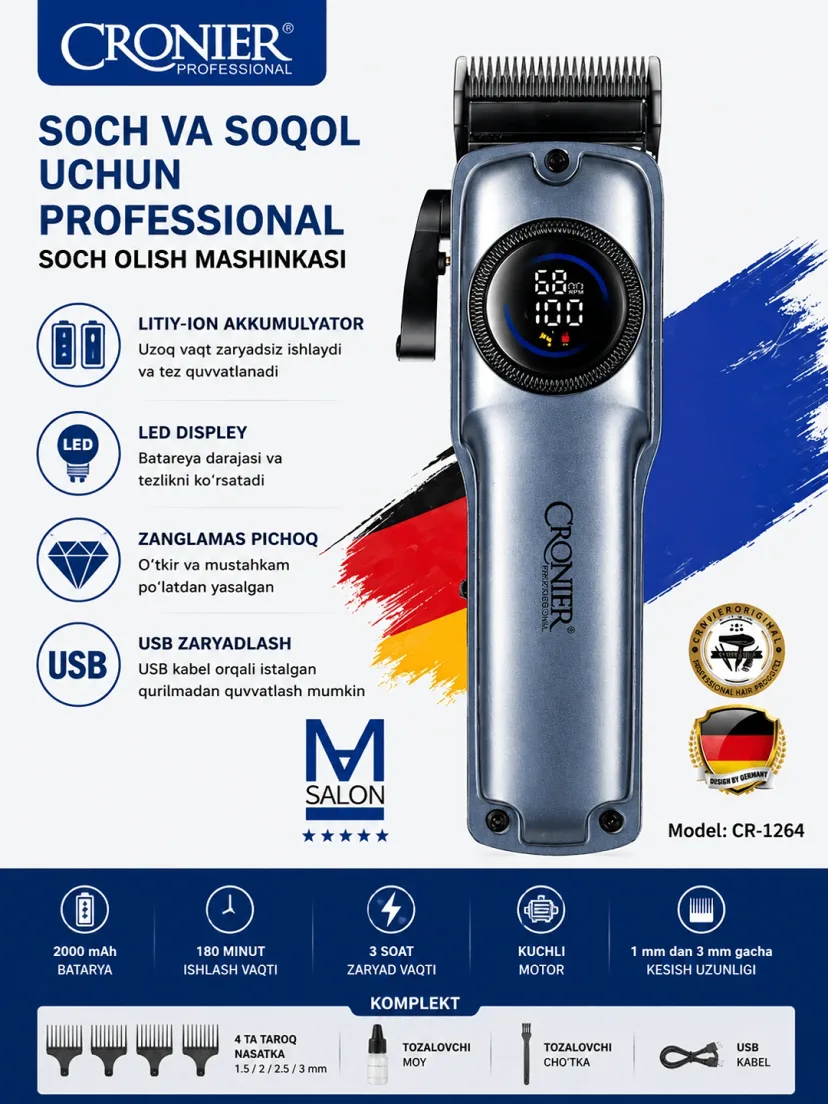 CRONIER CR-1264 Professional soch mashinasi LED, 2000mAh USB