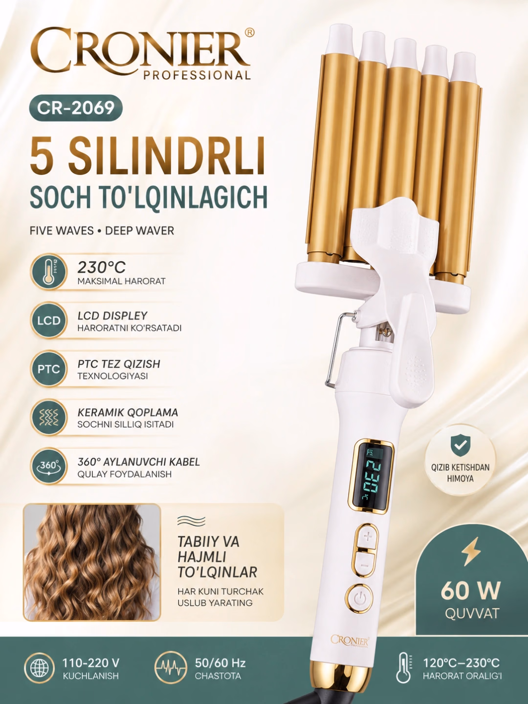 CRONIER CR-2069 Soch to'lqinlagich: 5 silindr, keramik qoplama, LCD, 230°C