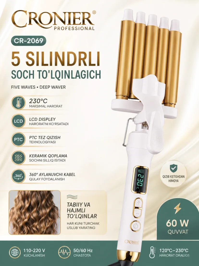 CRONIER CR-2069 Soch to'lqinlagich: 5 silindr, keramik qoplama, LCD, 230°C