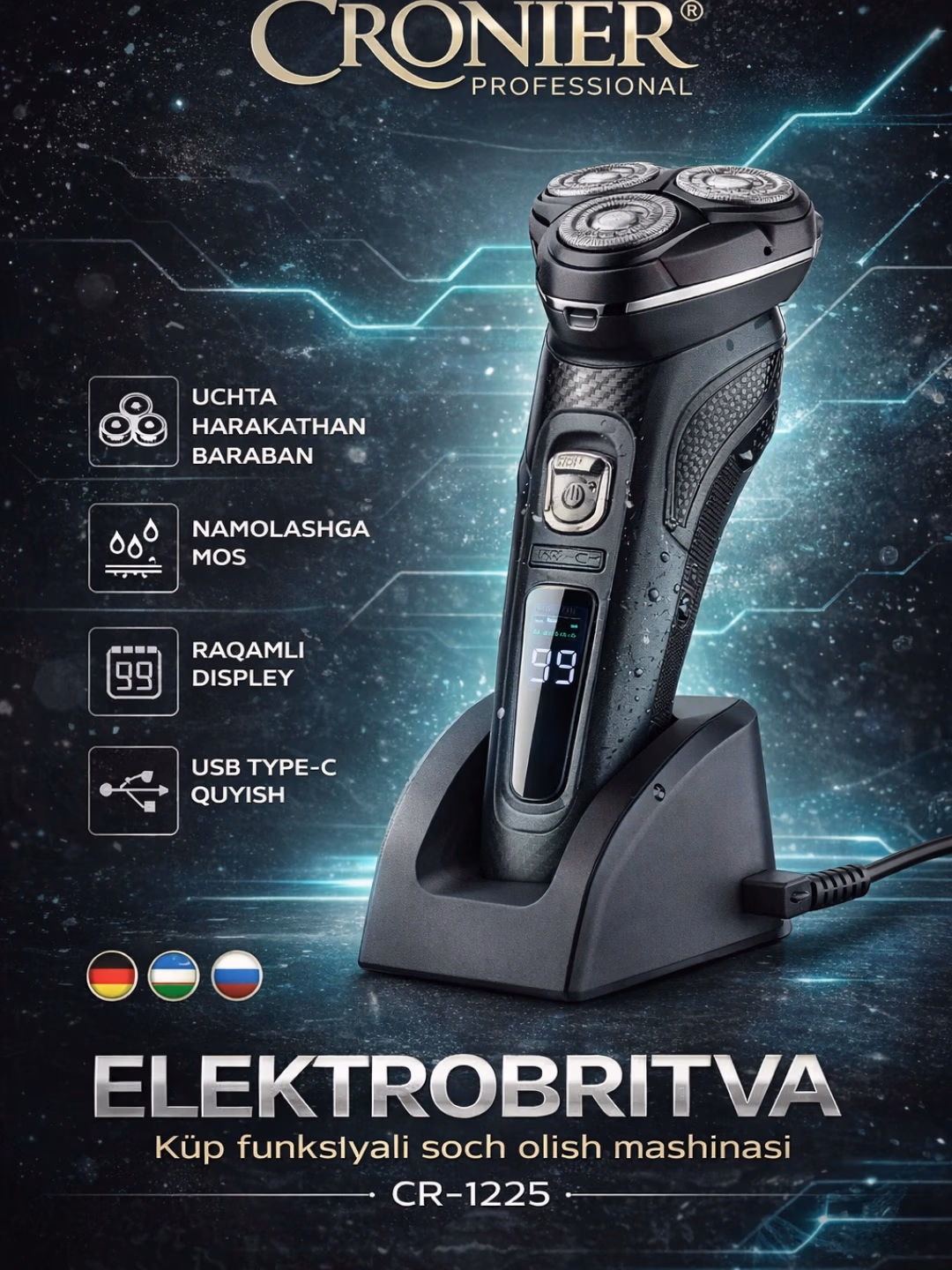 Cronier CR-1225 professional elektr britva, USB-C, displey