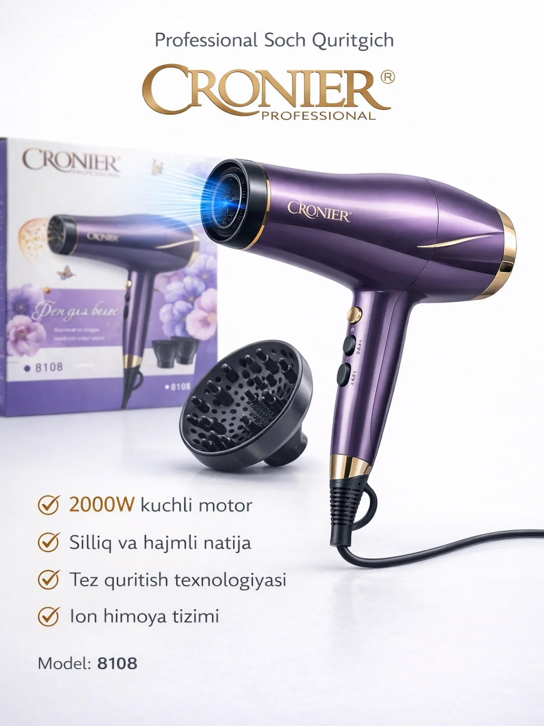 Cronier CR-8108 Professional soch quritgich 2000W - Asosiy rasm