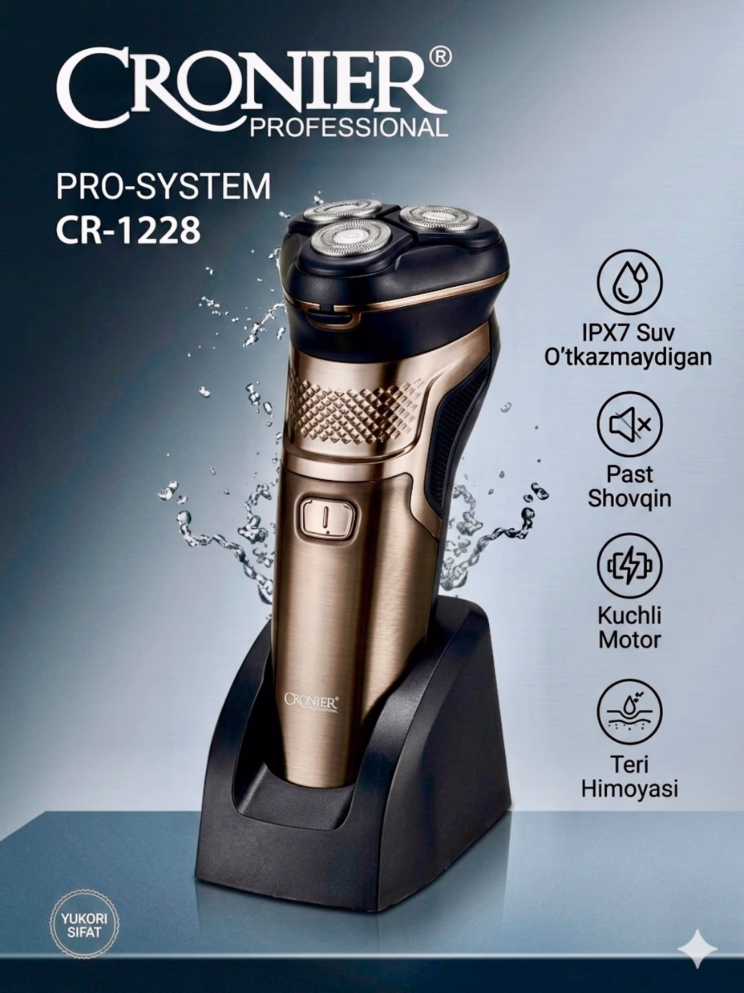 CRONIER CR-1228 IPX7 Suv O‘tkazmaydigan Britva, USB Quvvatli, 3 Sferik Boshli Pichoqlar