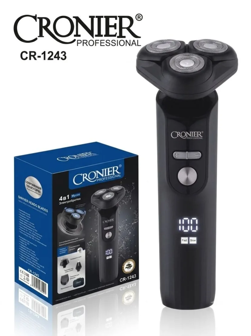 Cronier Professional CR-1243 Soqol Mashinasi 4v1 Trimmer, USB Zaryad, LED