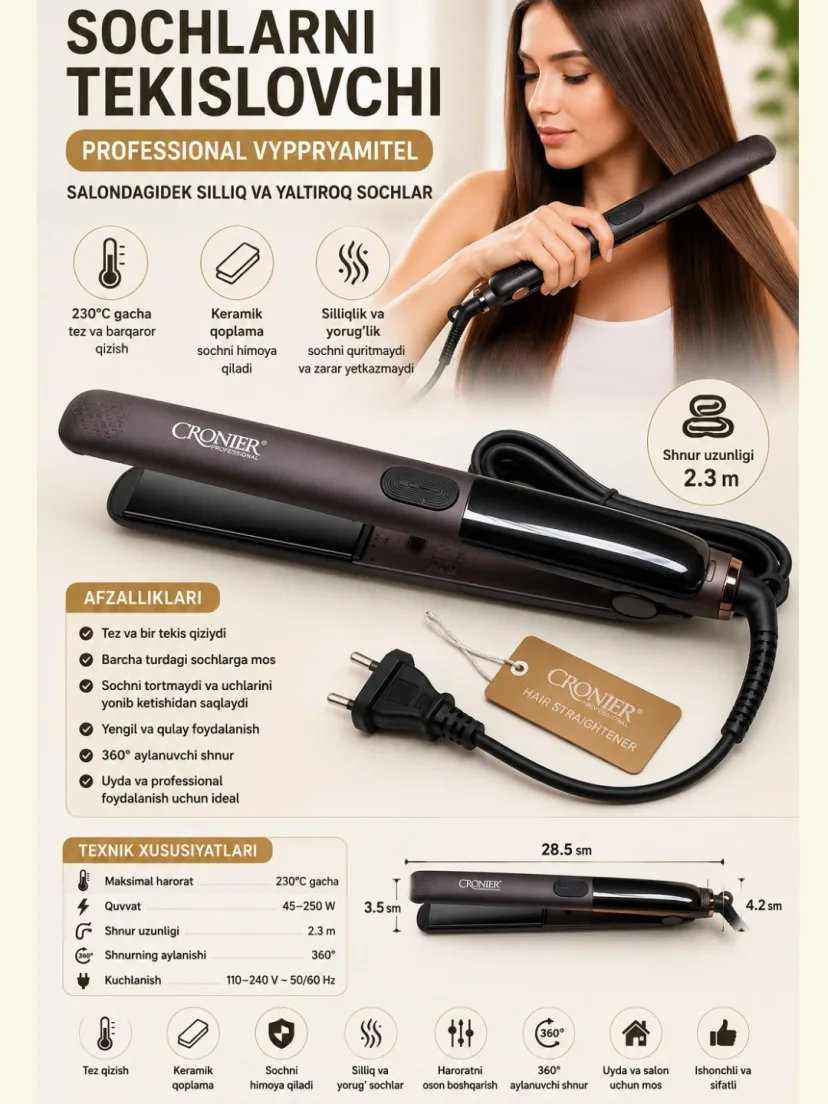 CRONIER 3399 soch gafresi va dazmoli | Keramika | 230°C tez qizish