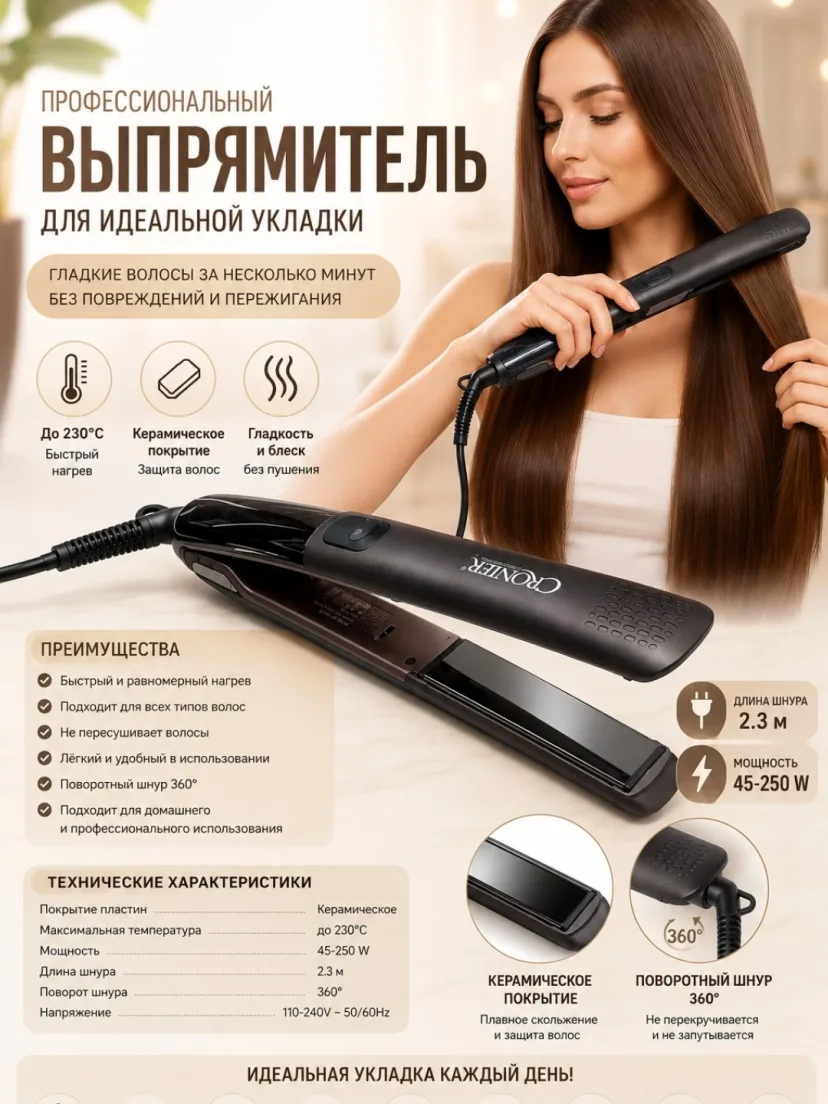 CRONIER 3399 soch gafresi va dazmoli | Keramika | 230°C tez qizish