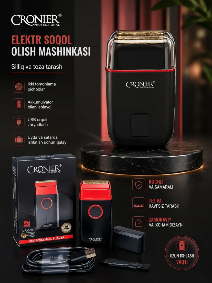 CRONIER CR-362 Soqol malashinkasi: USB, 2 tomonlama pichoqli