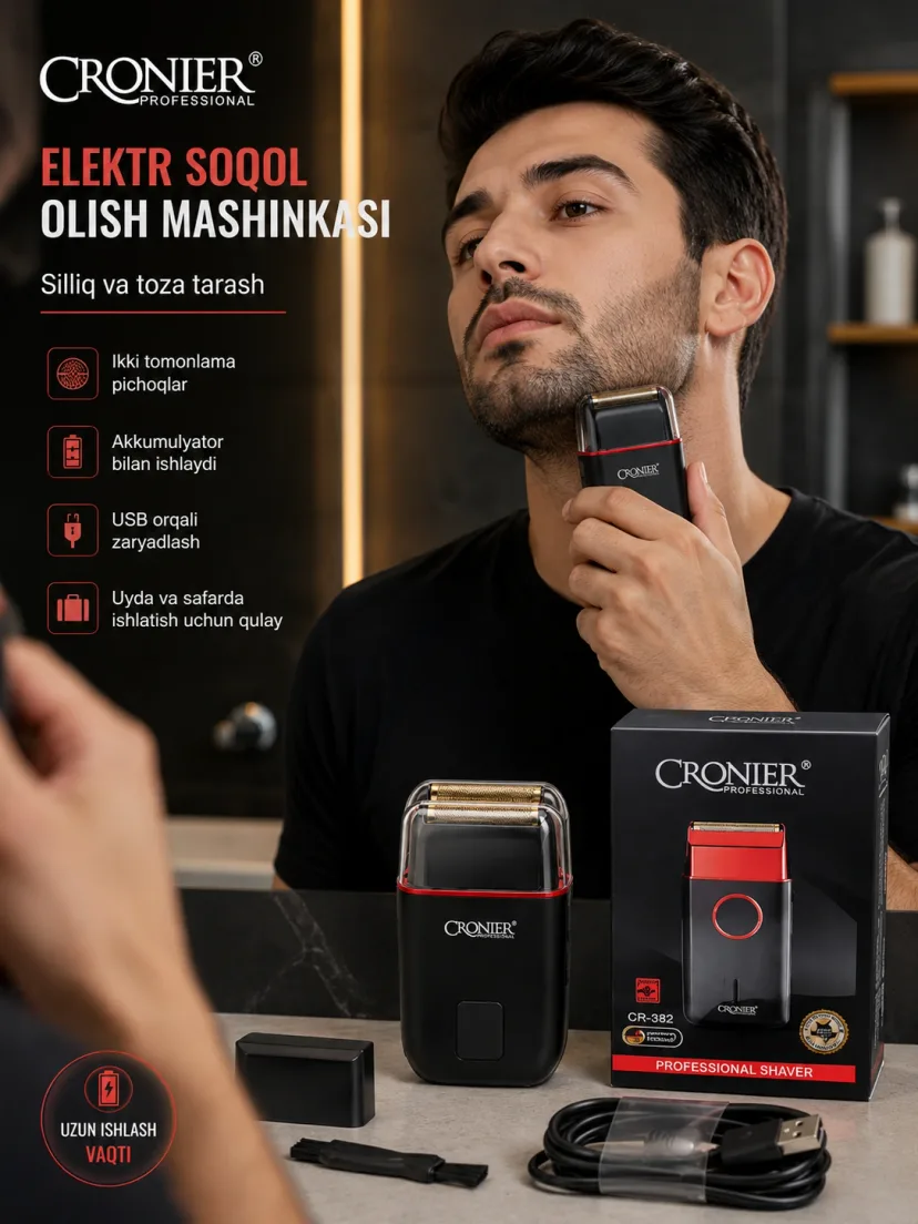 CRONIER CR-362 Soqol malashinkasi: USB, 2 tomonlama pichoqli