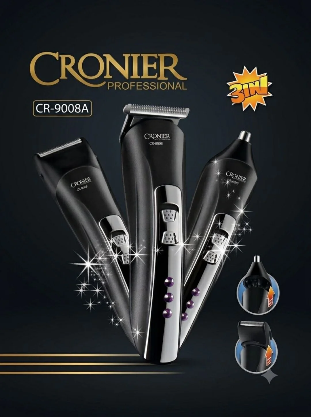 CRONIER CR-9008A 3in1 Akkumulyatorli Trimmer: Soch va Soqol Mashinkasi - Asosiy rasm