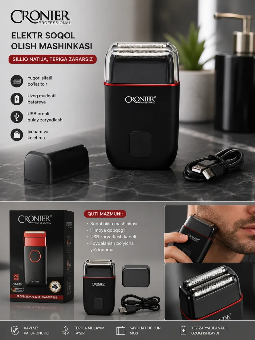 CRONIER CR-362 Soqol malashinkasi: USB, 2 tomonlama pichoqli