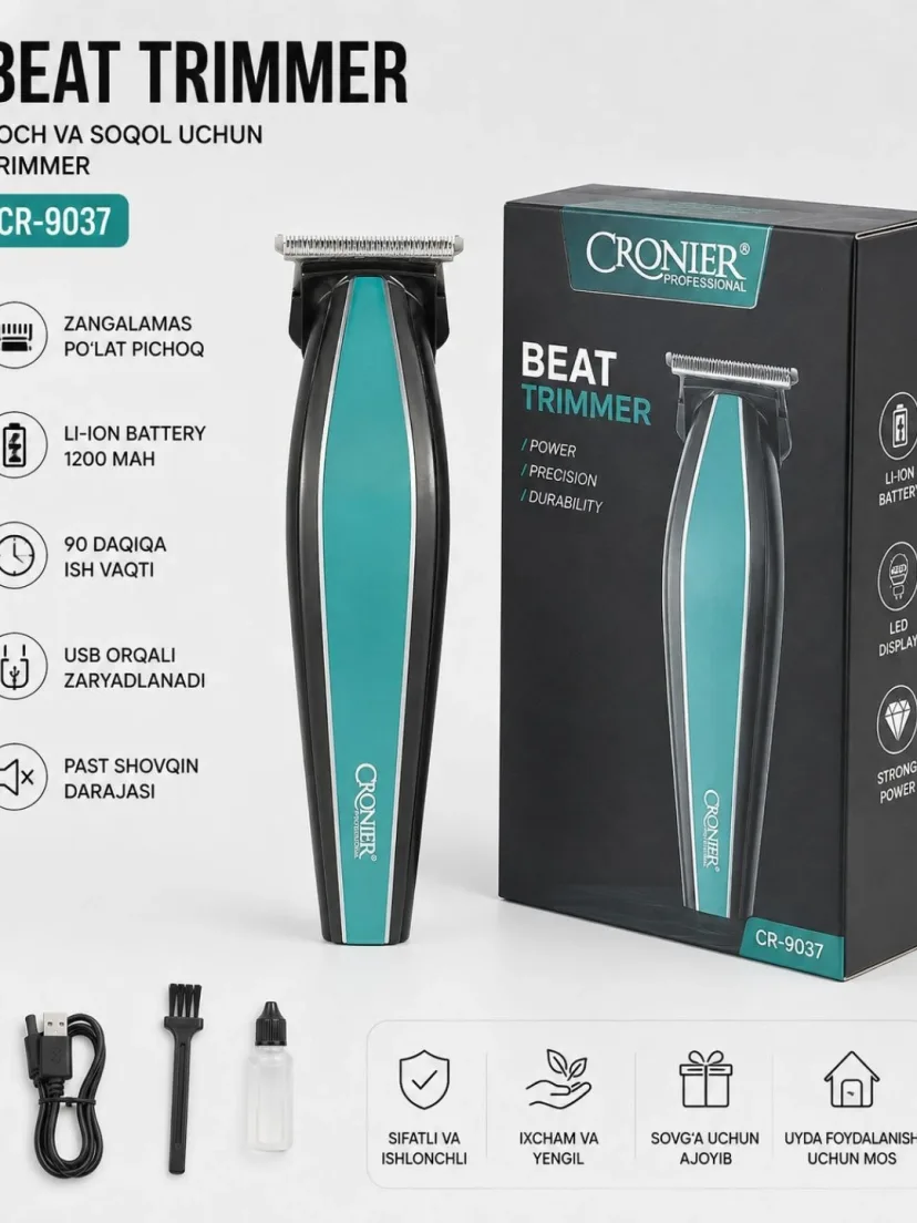 Cronier CR-9037 Trimmer: Zanglamas pichoqli, 90 daq ishlaydigan USB batareya