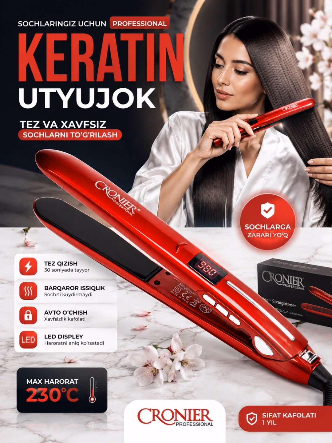 CRONIER CR-777A Keratinli Soch To'g'rilagich, LED Displey - 4