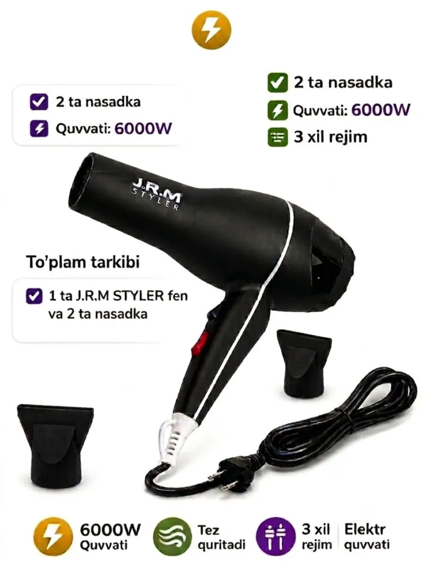 J·R·M STYLER JRM 9902 Professional Fen (6000W, Nashadka & Taroq bilan)