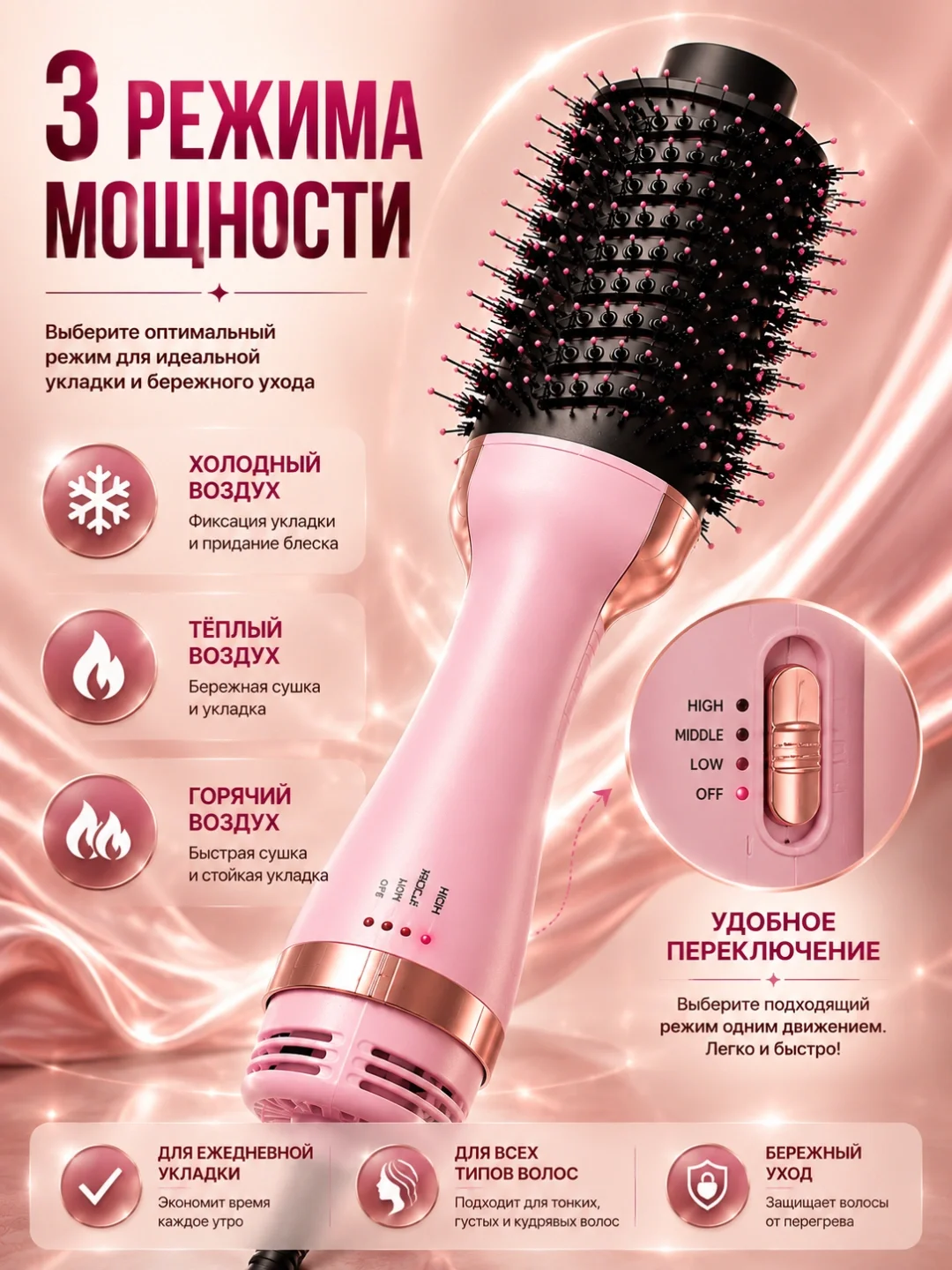J·R·M STYLER JRM-802 Фен-щётка, 1200W, 3 режима температуры, быстрая сушка и укладка - 6