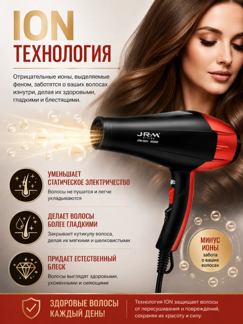 J·R·M STYLER JRM-9001: ION keramika qoplama, 6000W professional soch feni