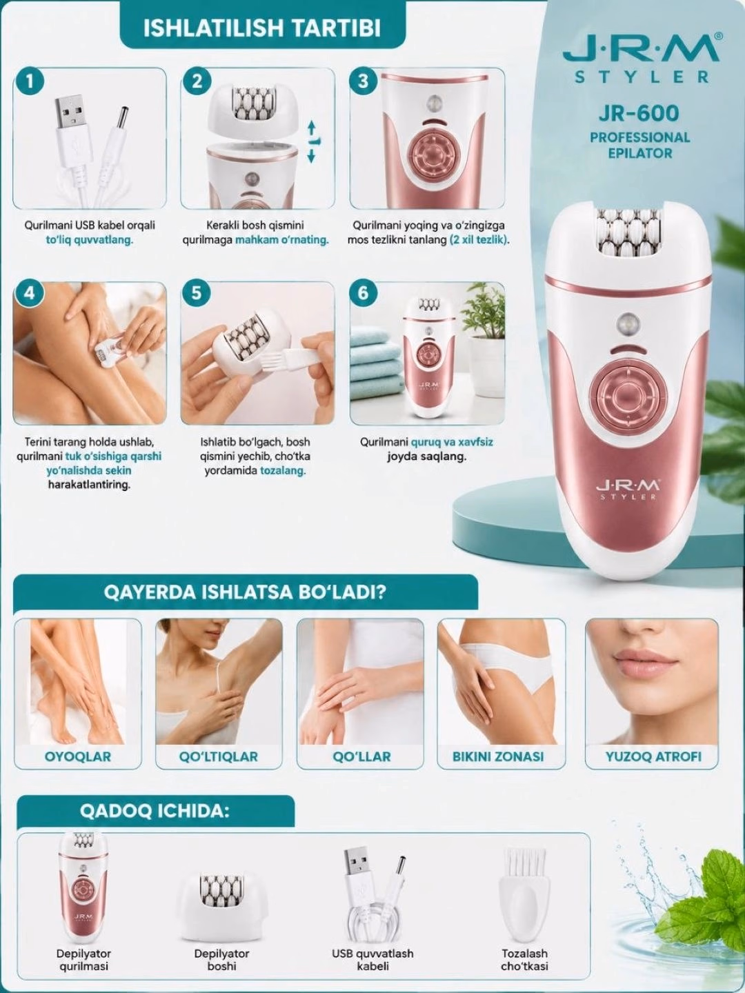 J·R·M STYLER JR-600 Epilator: USB quvvatli, o'z navbati bilan ishlaydigan professional soch sovuq qurilmasi - 4