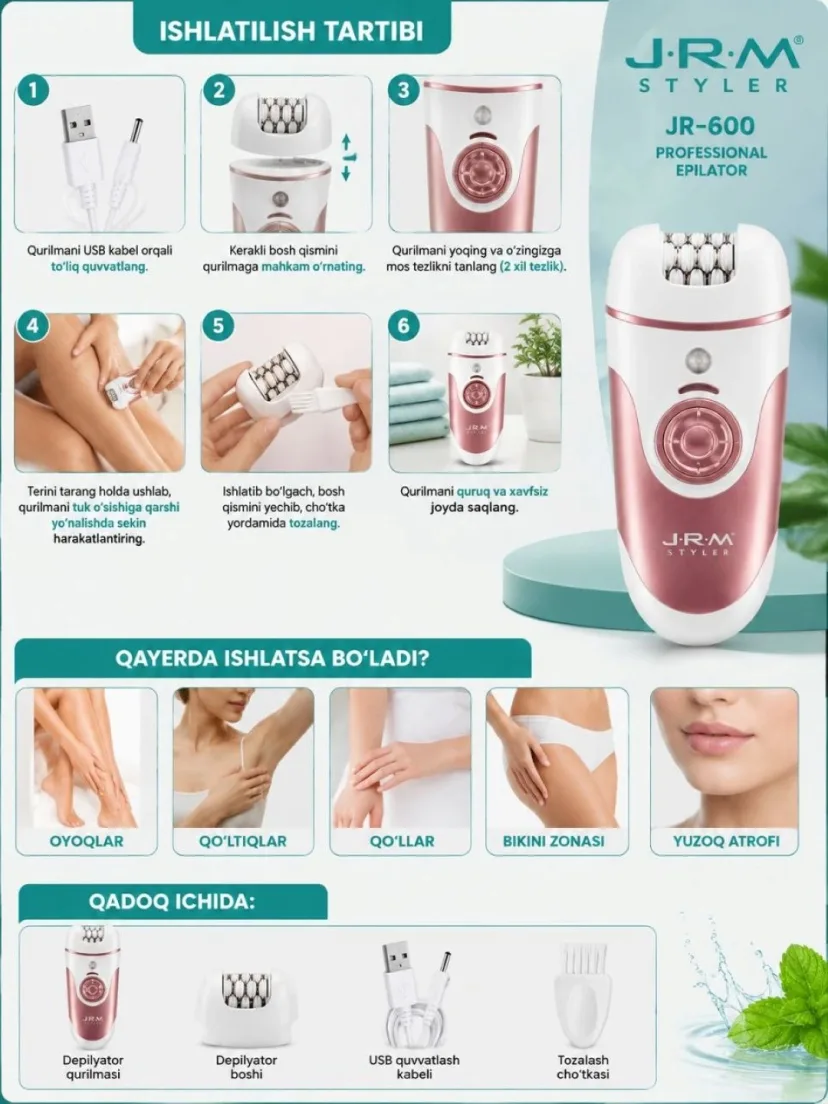 J·R·M STYLER JR-600 Epilator: USB quvvatli, o'z navbati bilan ishlaydigan professional soch sovuq qurilmasi