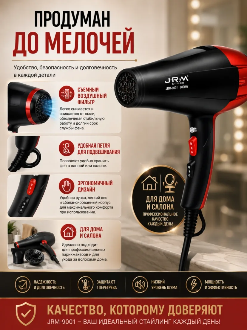 J·R·M STYLER JRM-9001: ION keramika qoplama, 6000W professional soch feni