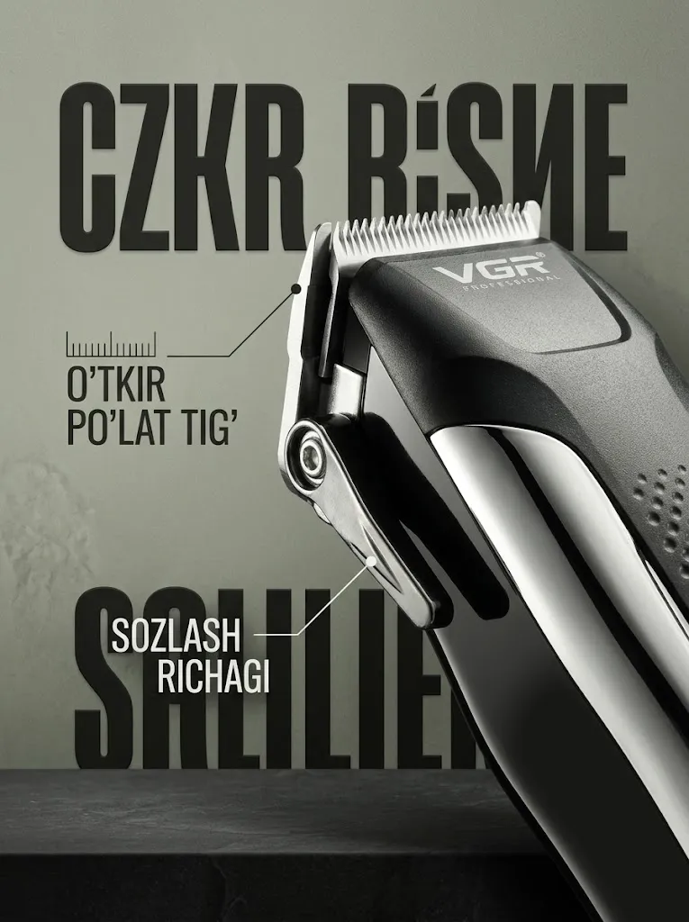 VGR V-120 Professional Simli Soch Qirqish Mashinkasi: 8 Nasedka va Qaychi bilan