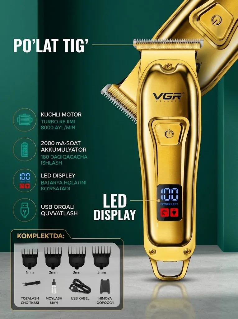 VGR V-942 professional trimmer: 2000 mAh, 180 daqiqa ishlash vaqti