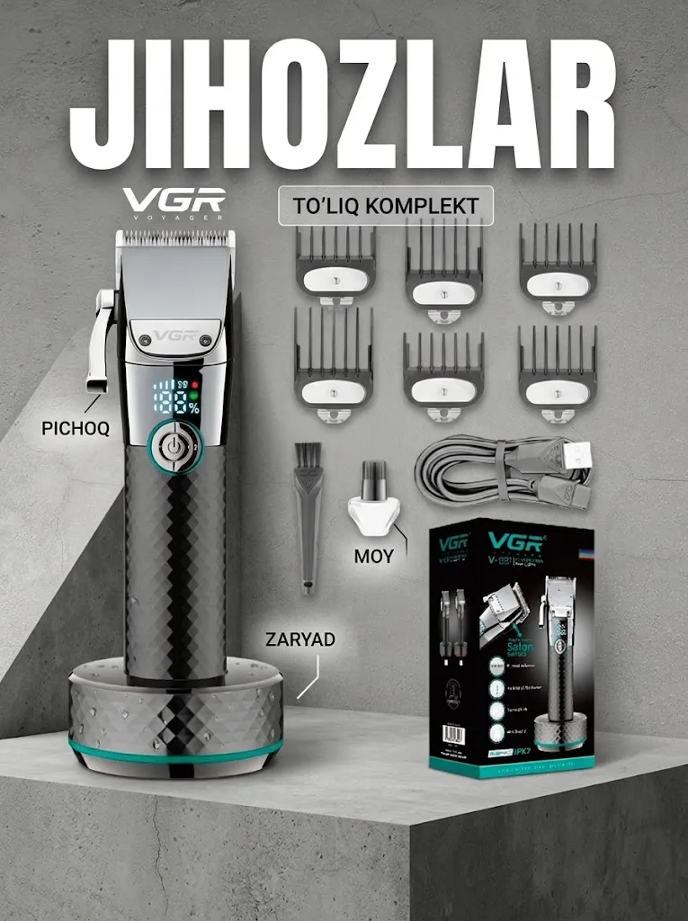 VGR V-682 Professional soch kesish mashinasi, Italiyalik po'lat pichoqli, 5 soat ishlash