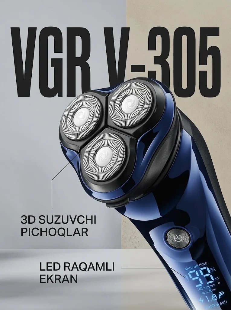 VGR V-305 Professional elektr britvasi, zanglamas po'lat pichoqlar va LED indikatorli - 3