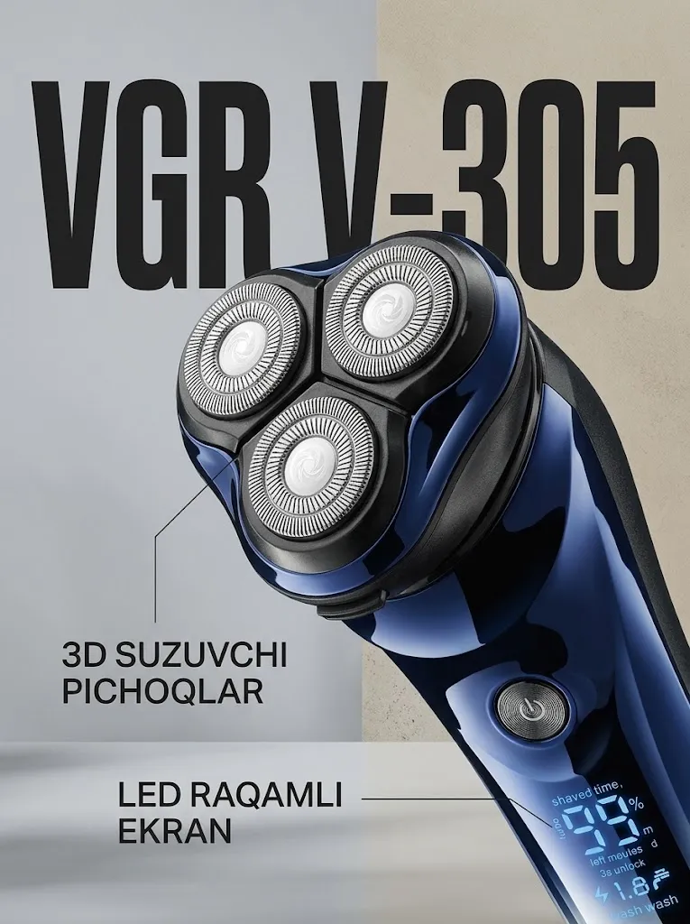 VGR V-305 Professional elektr britvasi, zanglamas po'lat pichoqlar va LED indikatorli
