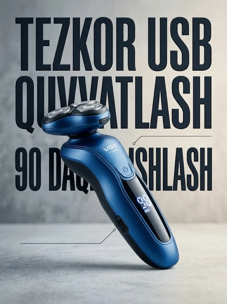VGR V-305 Professional elektr britvasi, zanglamas po'lat pichoqlar va LED indikatorli