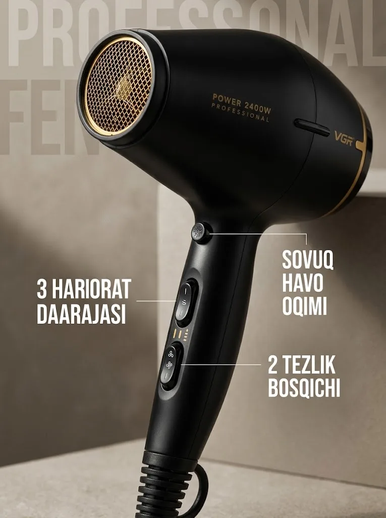 VGR V-457 профессиональный фен, мощность 2400W, с насадками - 3