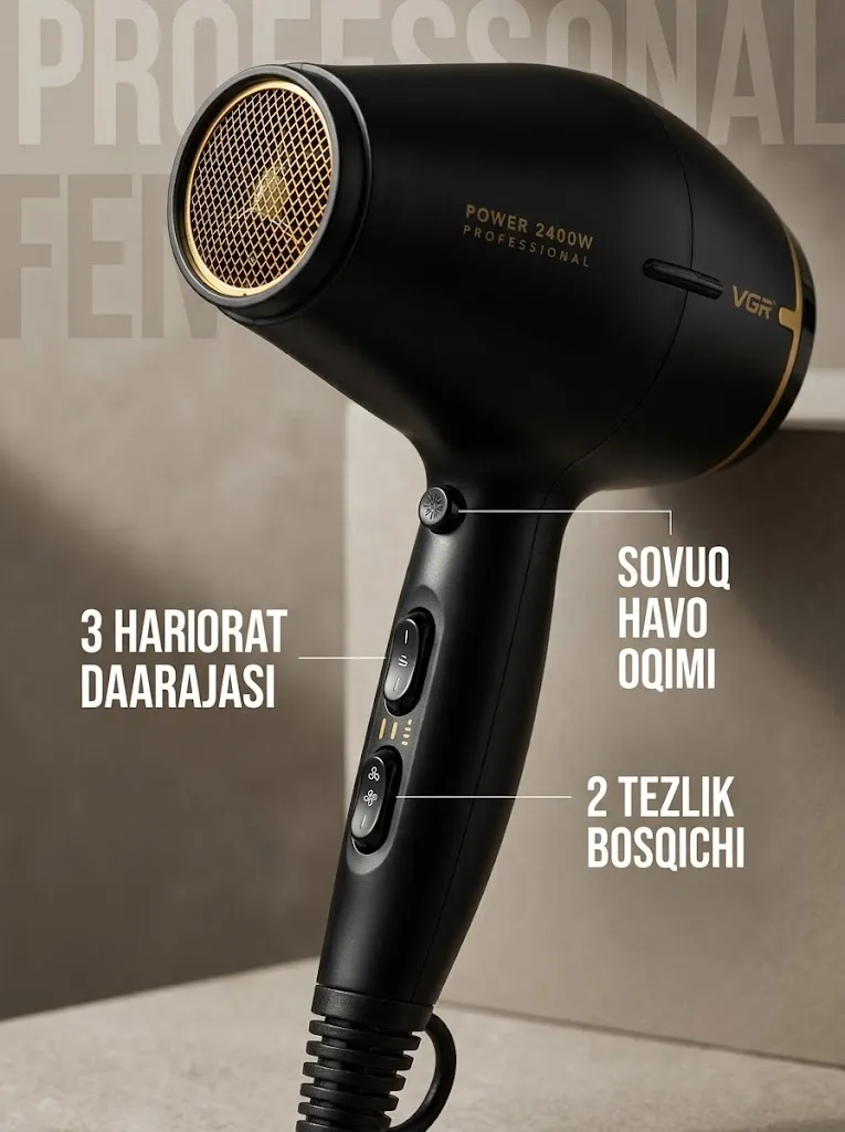 VGR V-457 professioner soch feni, 2400W, vositalar bilan