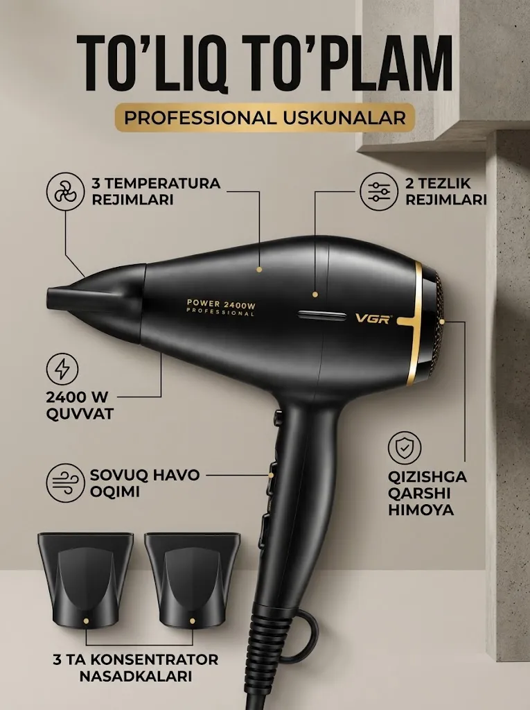 VGR V-457 professioner soch feni, 2400W, vositalar bilan