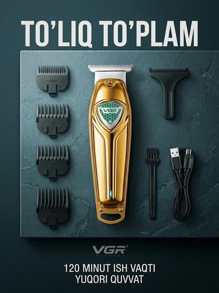 VGR V-911 Soch va Soqol Trimmeri, 120 min ish vaqti, USB, Oltin - 5