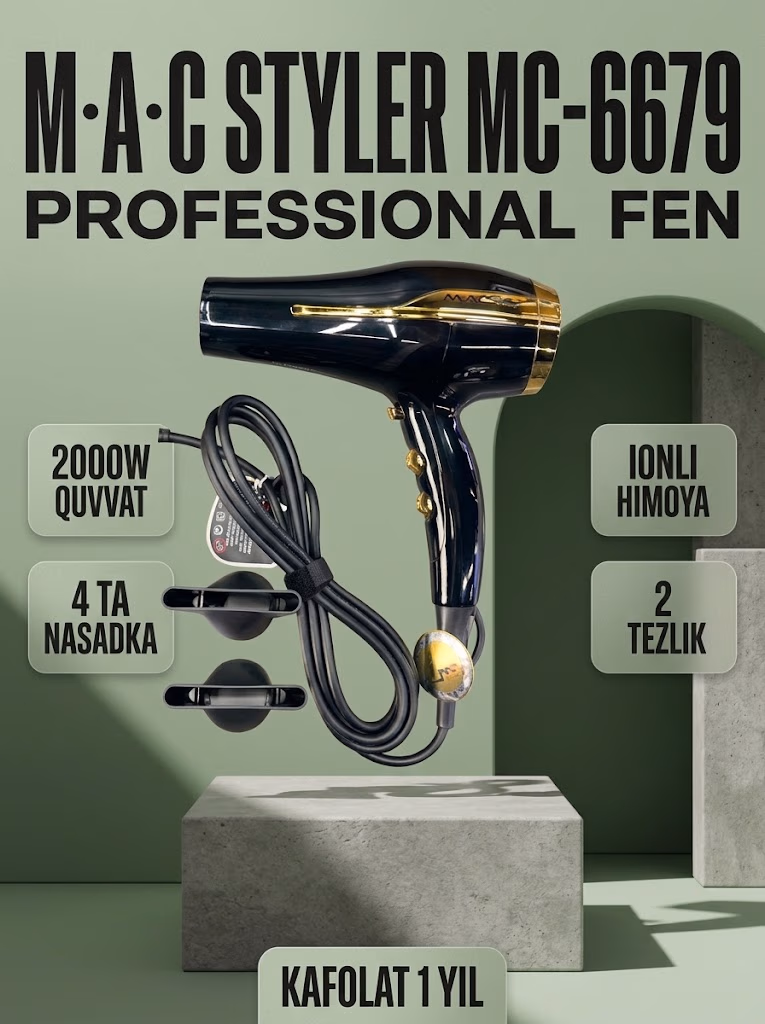 M·A·C STYLER MC 6679 Professional Fen 2000W, Diffuzor va 3 Konsentratorli To'plam