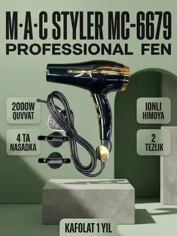 M·A·C STYLER MC 6679 Professional Fen 2000W, Diffuzor va 3 Konsentratorli To'plam