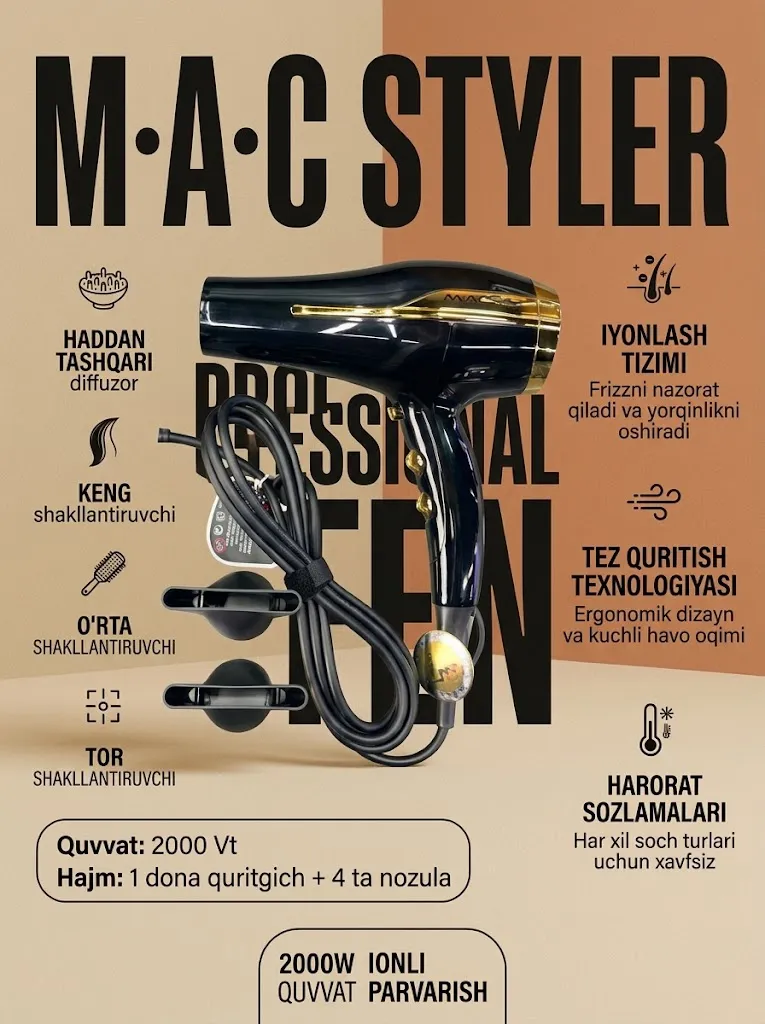 M·A·C STYLER MC 6679 Professional Fen 2000W, Diffuzor va 3 Konsentratorli To'plam