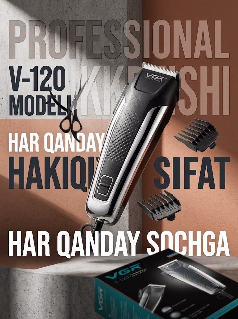VGR V-120 Professional Simli Soch Qirqish Mashinkasi: 8 Nasedka va Qaychi bilan