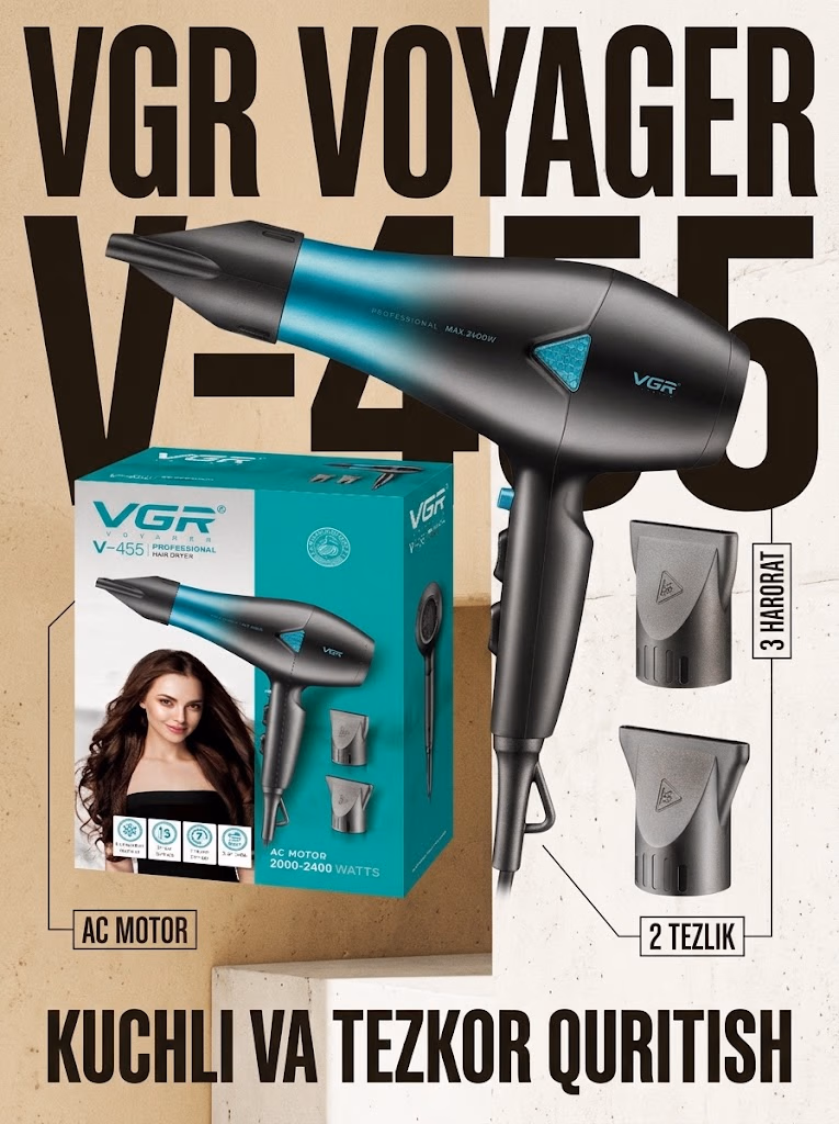 VGR V-455 Professional fen: Potent 2400W oqi uzgich