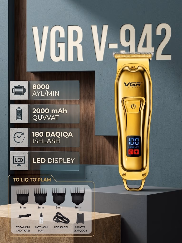 VGR V-942 professional trimmer: 2000 mAh, 180 daqiqa ishlash vaqti
