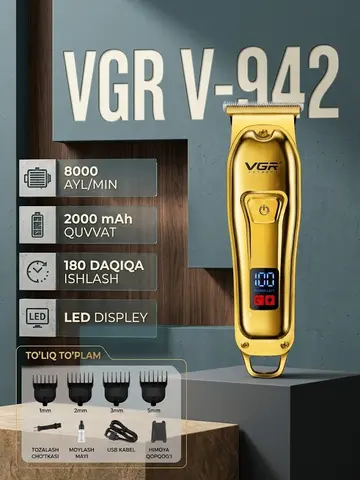 VGR V-942 professional trimmer: 2000 mAh, 180 daqiqa ishlash vaqti