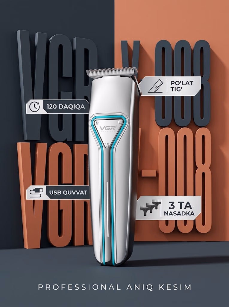 VGR V-008 Trimmer: Zanglamaydigan po'lat, 120 daqiqa ishlash