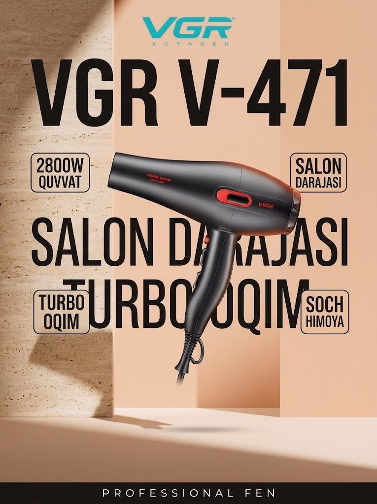 VGR V-471 Professional Fen: 220V, Yagona Haroratli Salon Uslubi