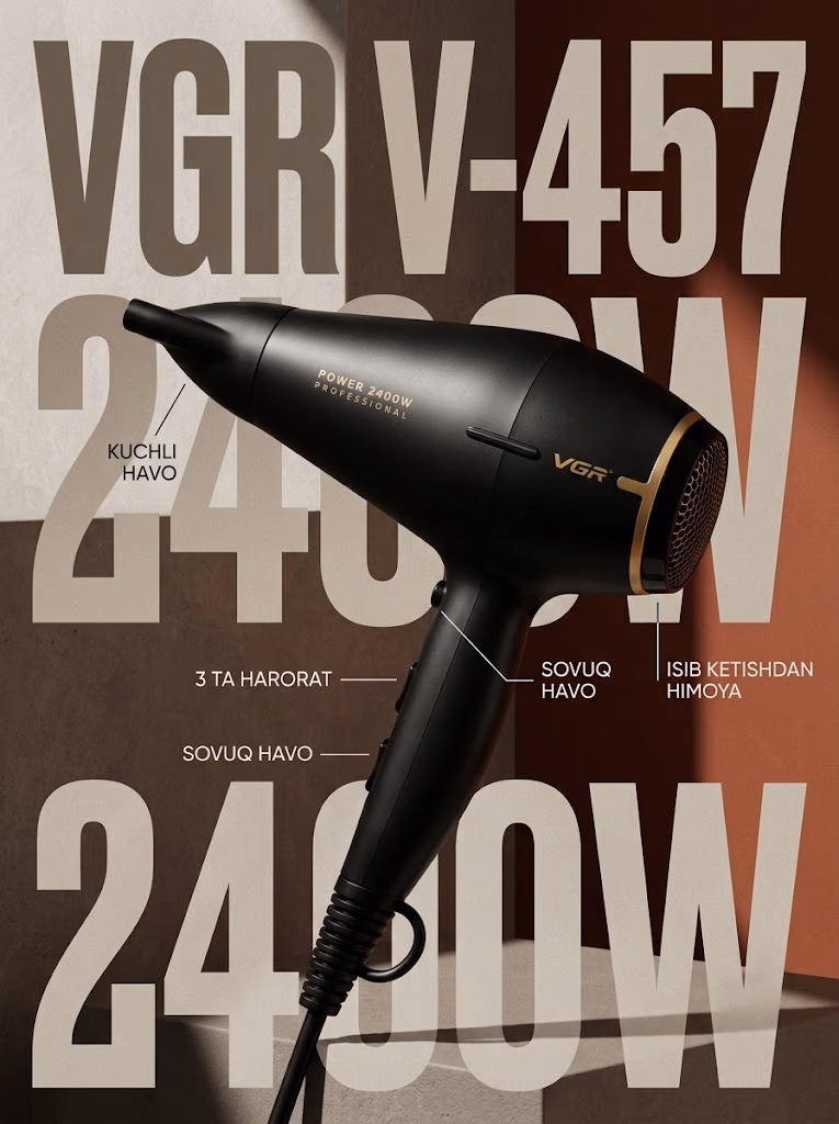 VGR V-457 professioner soch feni, 2400W, vositalar bilan