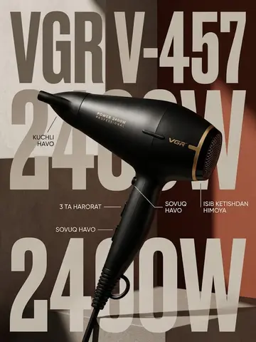 VGR V-457 professioner soch feni, 2400W, vositalar bilan