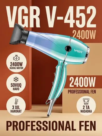 VGR V-452 Professional Fen, 2400W Quvvatli Suv, Soch Uchun