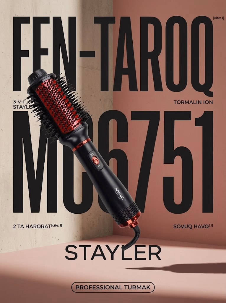 M·A·C STYLER MC6751 3-v-1 Profesional Fen-Taroq va Multistayler Tormalin