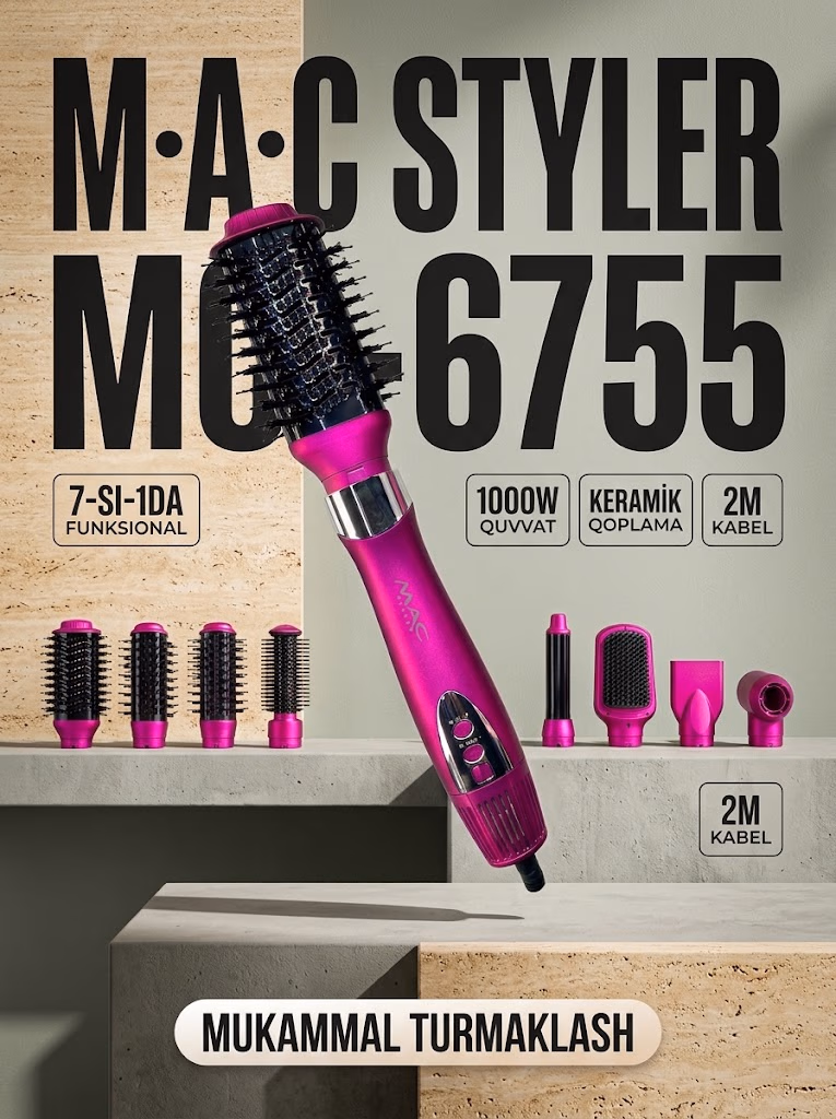 M·A·C STYLER MC-6755 8-1 fen 1000W, keramik pichoqli 2m kabel